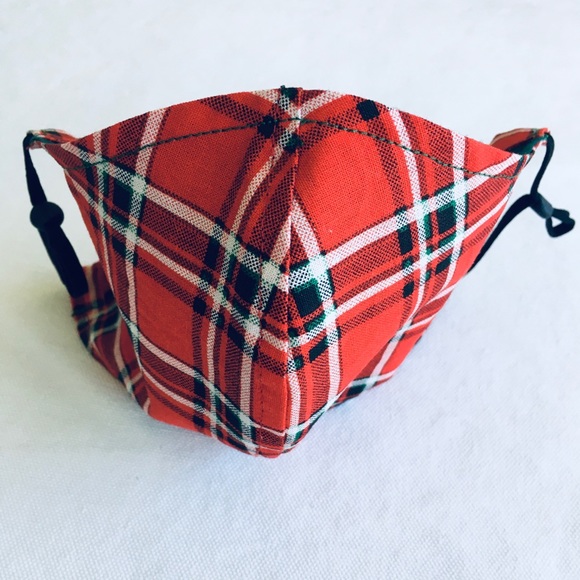 HAND CRAFTED FACE MASK COTTON RED BLACK PLAID - Picture 2 of 5